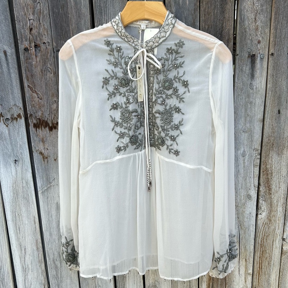 NWT Gold Hawk Embroidered Silk Blouse Ivory S